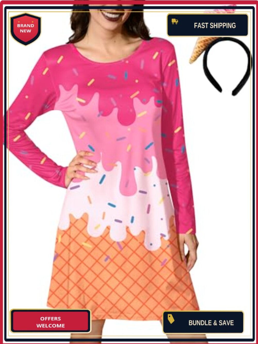 ALIREVERIE Women's Halloween 3D Graphic Long Sleeve Costume Dress